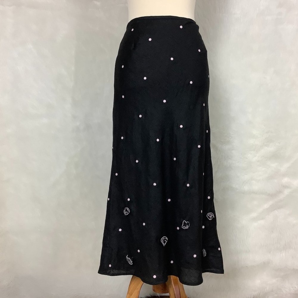 Vintage 80s 90s Black & White Polka Dot And Rosettes Irish Linen Midi Skirt 8
